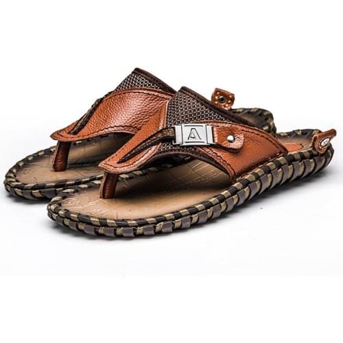 Luxury Brand Handmade Genuine Leather Shoes Cow Men Casual Shoes Beach Flip Flops Sneakers Summer Outdoor Footwear Flat Sandals