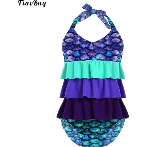 TiaoBug 2Pcs Kids Girls Mermaid Swimsuit V Neck Halter Neck Sleeveless Layered Ruffle Trim Fish Scales Print Tops And Briefs Set