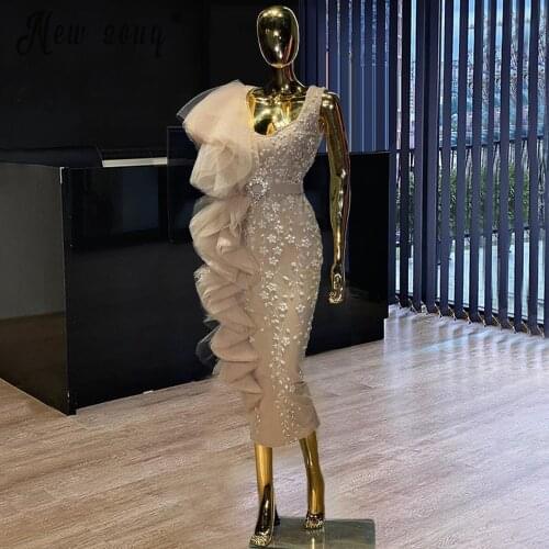 Champagne Ruffled Formal Prom Dresses Lace Flowers Mermaid Evening Gowns 2021 Luxury Slim De Soiree Kaftans vestido de festa