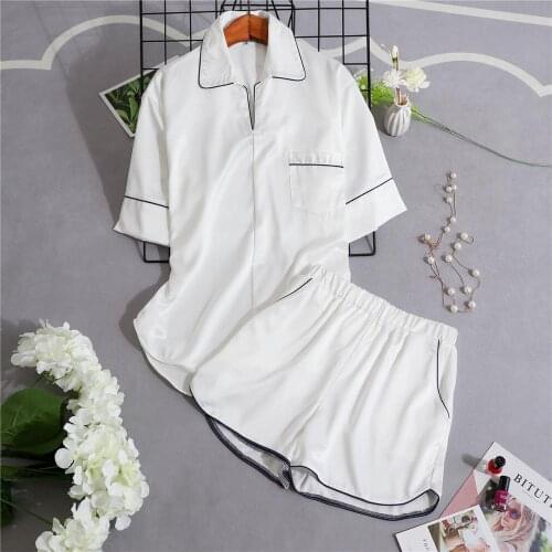 Womens Sexy Silk Sleepwear Pajamas Sets Satin Summer Short-sleeved Pyjama Leisure Loungewear