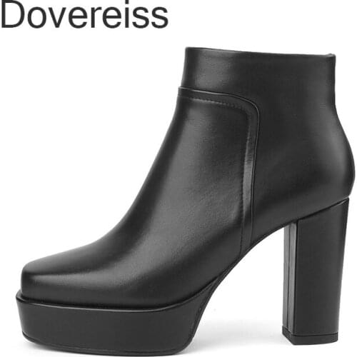 Dovereiss Fashion Womens Shoes Winter Platform Genuine Leather Zipper Square Toe Chunky Heels Ankle boots Block Heels New
