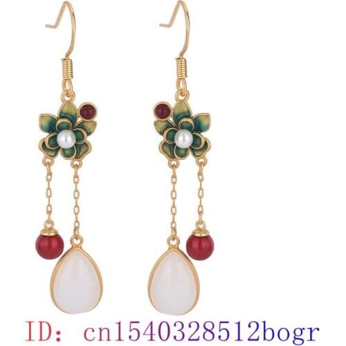 White Jade Flower Earrings Women Zircon Crystal Gifts Chalcedony Natural Gemstone Amulet Fashion Charm 925 Silver Jewelry