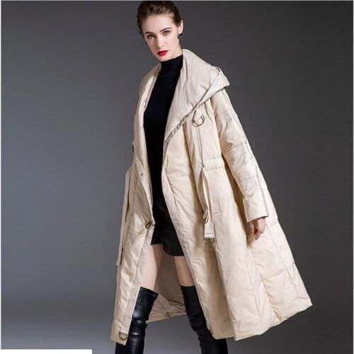 Female Hooded long a-line big hem cape skirt down jacket creamy-white women Winter Thicken Warm Coat 90% White Duck Down Jackets