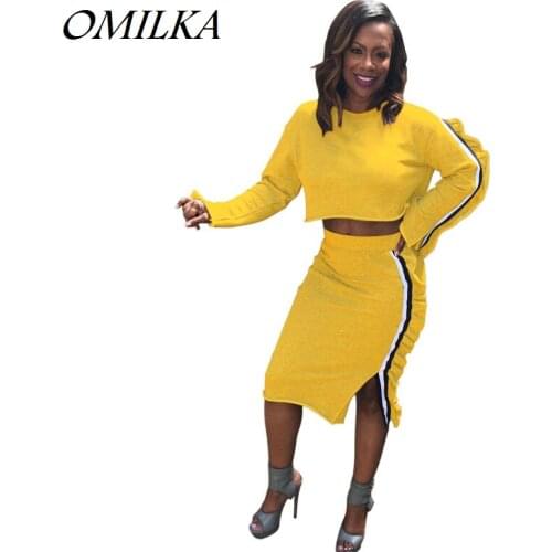 OMILKA Crop Top and Skirt Set 2019 Autumn Winter Women Long Sleeve Ruffle Side Striped Split Casual 2 Piece Tracksuit Set