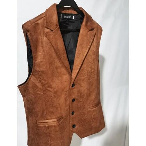 Autumn winter Casual Waistcoat for Men Faux leather fashion leather Slim vest lapel classical Vintage gilet European style male