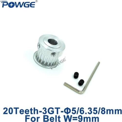 POWGE 1pcs 20 Teeth 3GT Timing Pulley Bore 5mm 6.35mm 8mm for width 9mm 3MGT GT3 Open Synchronous Belt 3GT Belt 20T 20Teeth