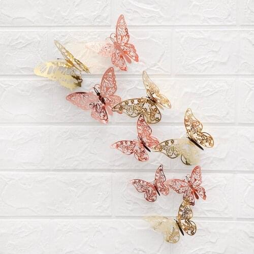 12PCS/Pack Butterfly Wall Stickers Wedding Ornament Party Supplies 3D Hollow Metal Texture Mariposas Decals Handicraft