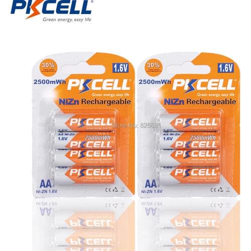 8PCS 2Cards PKCELL NIZN battery AA 2500mWhrs 1.6V Rechargeable Batteries 2a High Efficiency for camera flashlight and toys