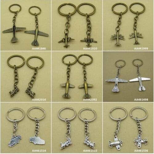 Antique Bronze Silver Tone Keychain Keyring Keytag Airplane Aircraft Locomotive Train Sports Car Fighter Key Chain Ring Charms