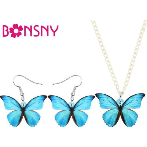 Bonsny Acrylic Blue Morpho Butterfly Jewelry Sets Necklace Earrings Print Animal Jewelry For Women Girls Kids Charm Spring Gift
