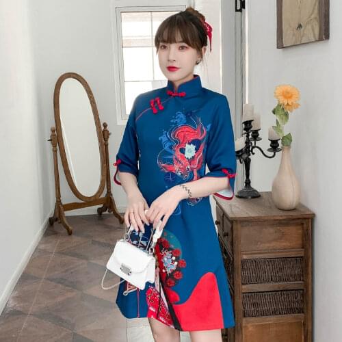 Lady Improved Cheongsam Vintage Print Summer Elegant Modern Casual Dress For Women Short Sleeve Buckle Qipao Retro Chinese Style