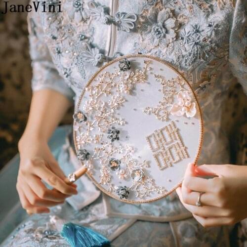 JaneVini Elegant Bride Hand Fan Chinese Style Blue Flowers Beaded Vintage Bridal Fan Pink Tassel Wedding Bouquet Accessories