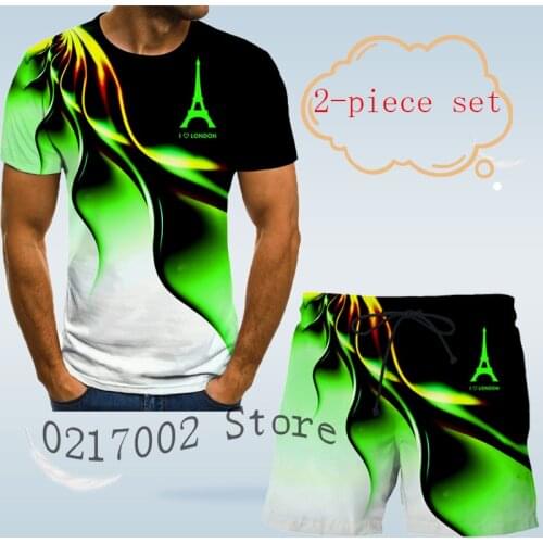 Tower 3D t-shirt mens sports suit mens short sleeve gradient printed T-shirt shorts 2-piece Street hip hop mens sports suit