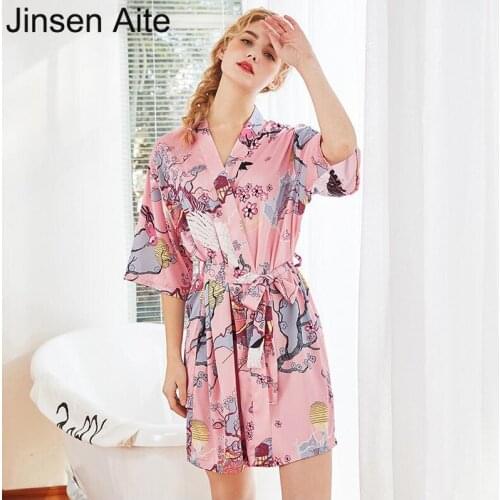 Jinsen Aite New Summer Autumn Plus Size Robe Nightgown Women Sleepwear Silk vintage Print Sexy Elegant Lady Pajamas HOT JS826