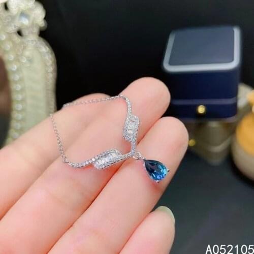 KJJEAXCMY fine jewelry 925 sterling silver inlaid Natural London blue topaz Women elegant water drop gem pendant necklace chain