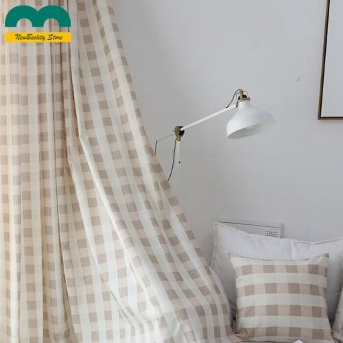 Korean Pastoral Japanese Simple Curtains Coffee Pink Plaid Polyester Printed Curtains for Living Dining Room Bedroom Window