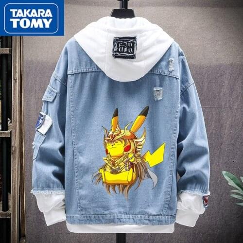 TAKARA TOMY Pokemon fashion mens spring and autumn cute cartoon fake two-piece jacket simple and comfortable soft denim jacket