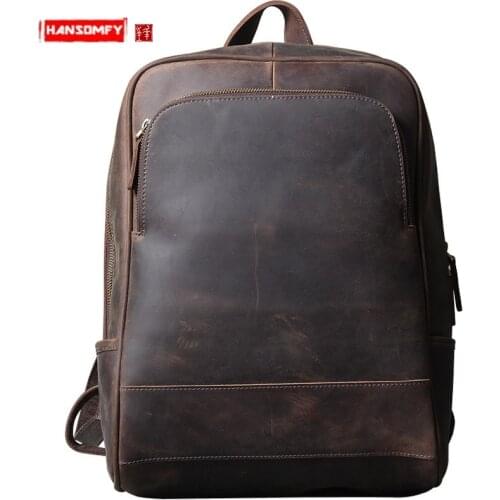 Backpack Men Shoulder Bag Leather 15.6 Inch Laptop Backpack Travel Crazy Horse Leather Schoolbag First Layer Cowhide Retro Male