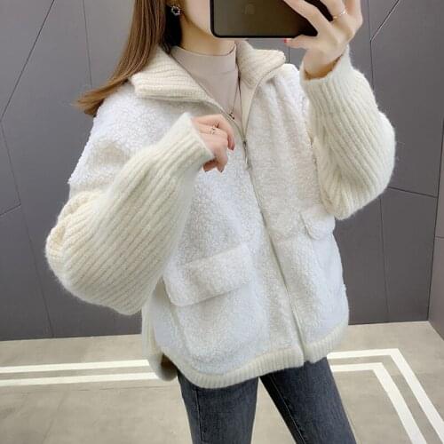 Room 191304 5 row 6 lower] real shot zipper stitching stand collar knitted cardigan 92
