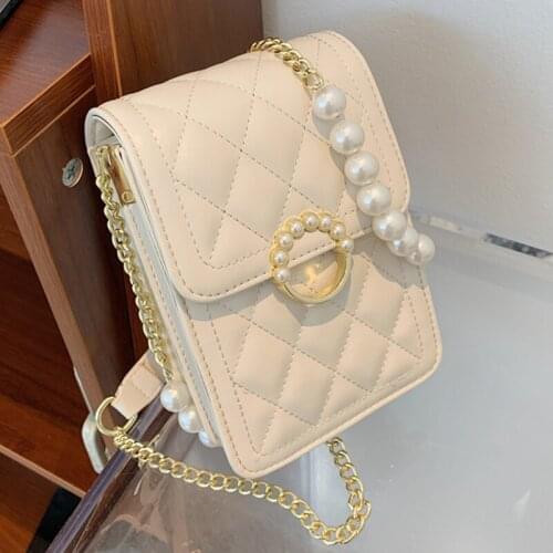 Pure Color Designer Womens Shoulder Bag 2021 Pearl Chain Shoulder Strap Luxury Brand Handbag Small PU Leather Lady Messenger Bag