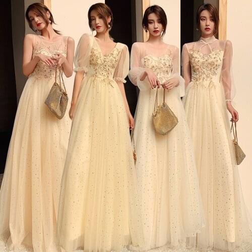 Bridesmaids Dress Illusion O-Neck Floor-Length Sleeveless Embroidery Sequined Lace Tulle Champagne Women Wedding Party Gown E225