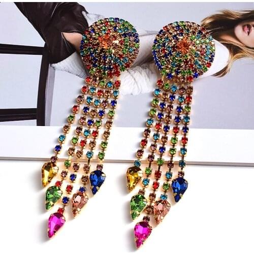 New Design Statement long Colorful Crystal Tassel Dangle Drop Earrings High-Quality Luxury Fashion Jewelry Accessories For Women