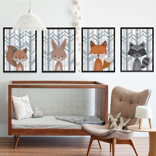 Nordic Deer Bear Forest Canvas Poster Minimalist Painting Jungle Animal Wall Print Kids Cartoon Pictures Room Decor