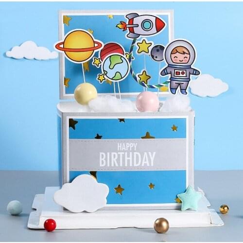 8 Types Space Theme Paper Birthday Cake Topper Astronauts Space Dream Planet Cake Topper for Kid Birthday Party Cake Decorations