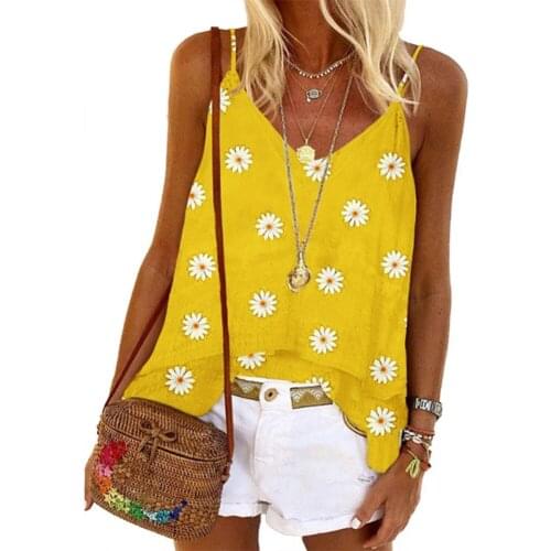 Women Fashion V Neck Sleeveless Marguerite Print Camisole Vest Loose Blouse