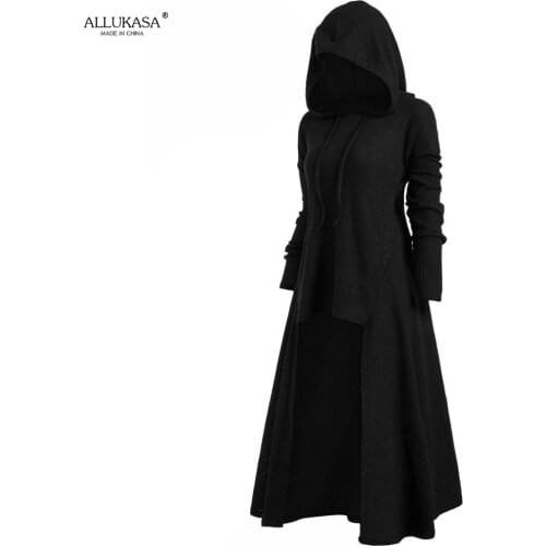 Gothic Punk Women Solid Long Sleeve Hoodies Sweatshirts Vintage Casual Jacket Hooded Tops Female Cloak Asymmetrical Cosplay
