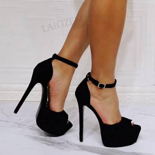 BERZIMER Women Platform Sandals Ankle Strap Faux Suede Thin High Heels Pump Peep Toe Party Prom Shoes Woman Big Size 44 46 52