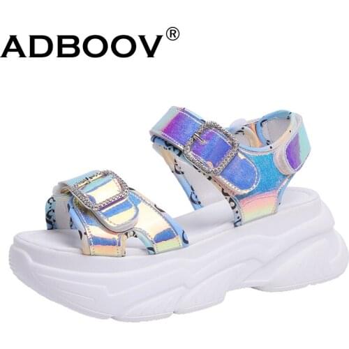 ADBOOV Platform Wedge Women Sandals Height Increasing 7cm Rhinestone Sandal