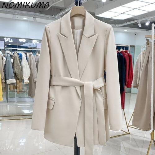 Nomikuma Women Blazers 2021 Autumn New Elegant Notched Collar Causal Suit Jacket Femme Korean Belt Slim Waist Blazer Coat 6L278