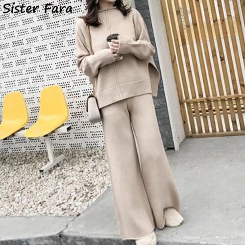 Sister Fara Autumn Women Long Sleeve O-Neck Knitted Sweater+High Waist Loose Wide Leg Pants Winter Ladies Sweater Two Piece Suit