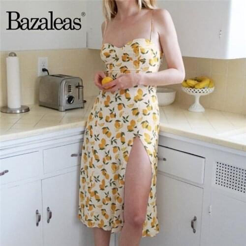 Bazaleas Chic Fruit lemon Print Women Dress Fashion Split vestidos Adjust spaghetti strap women Summer Dresses
