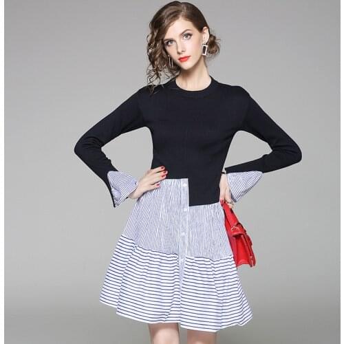 2017 Autumn Long Sleeve Knitted Dress Runway Dress Autumn Winter New Knitting Sweater Patchwork Dresses Women