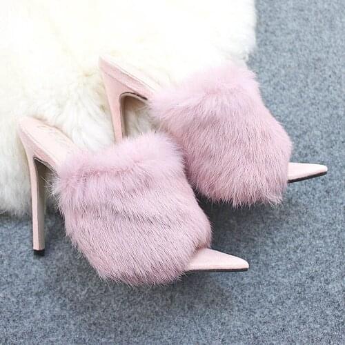 2020 Pointed Toe slip on luxurious rabbit hair slippers women flip flops stiletto super high heels shoes woman mink fur slide
