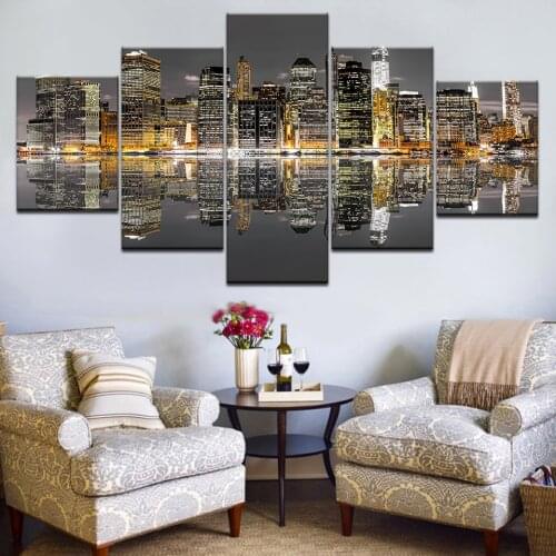 5Panel HD Printed Skyscrapers Bustling coastal metropolis night view modern posters Art Painting For home living room decoration