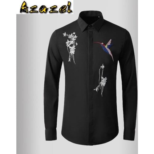 Azazel Long Sleeve Mens Shirts Luxury Fowl And Flowers Embroidery Casual Mens Dress Shirts Plus Size 4xl Party Slim Man Shirts