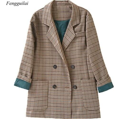 2021 Autumn Vintage Double Breasted Office Ladies Plaid Blazer Longsleeve Loose Retro Suits Coat Jacket Women Blazers Female