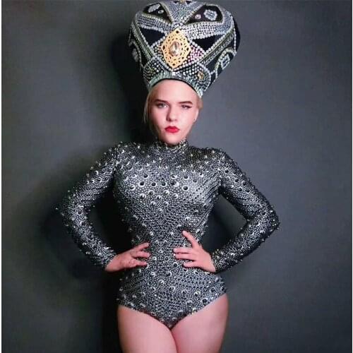 Black Rhinestones Sex Bodysuit Women Singer Stage Wear Outfit Nightclub Show Stretch Leotard Party Performance Clothes DN1564