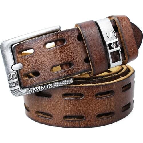 HAWSON Italian Cow Leather Belt Retro Black Cowskin Strap Adjustable Genuine Leather Holes Belts 100-120 CM Metal Pin Buckle