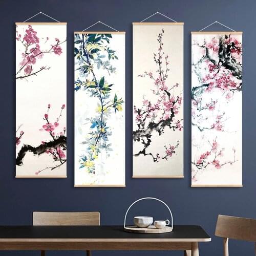 Chinese Landscape Wooden Scroll Hanging Poster Plum Blossom Canvas Art Wall Scroll Picture Painting For Living Room Home Decor
