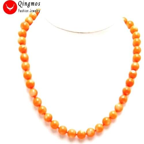 Qingmos Fashion 10-11mm Round Natural Artificial Pink Coral Necklace for Women Stone Necklace Chokers 18" Statement Jewelry