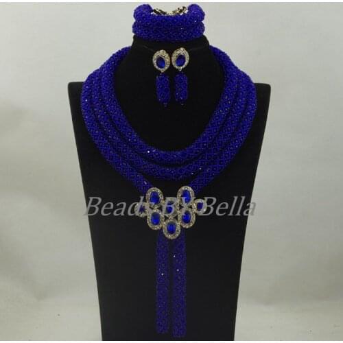 Nigerian Wedding African Beads Jewelry Set Royal Blue Crystal Women Party Lace Jewelry Set Pendant Necklace Free Shipping ABK938