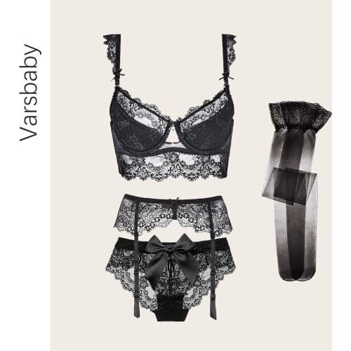 Varsbaby Women 4-Piece Set Sexy Lingerie Push up Bra + Bow See-through Panties + Lace Garter Belt+ stocking Black