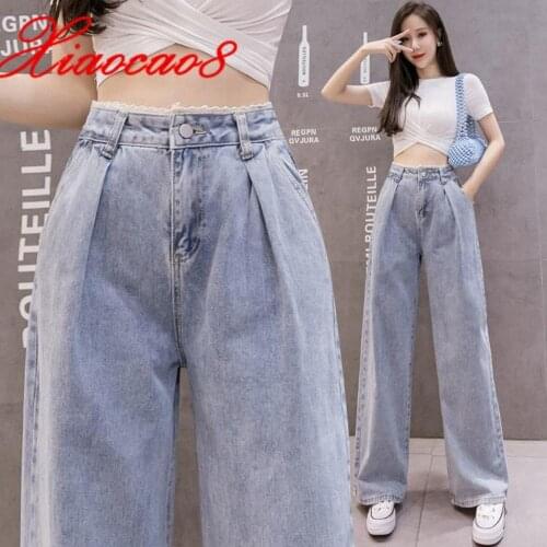 Summer Thin Wide Leg Jeans Woman Lace High Waist Light Blue Denim Pants Solid Jean Femme Mom Loose Jeans Teen Girls Plus Size