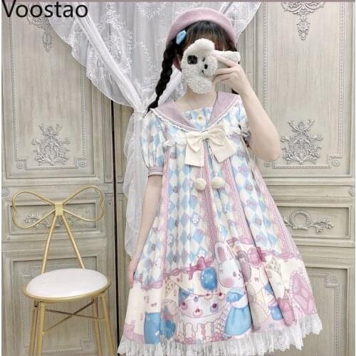 Japanese Sweet Lolita Dress Girly Cartoon Rabbit Print Pink OP Dress Women Vintage Victorian Gothic Princess Tea Party Dresses