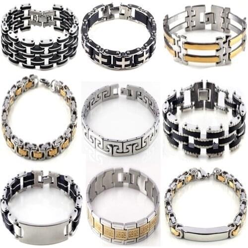 Mens Black Cross Silver Color Stainless Steel Rubber Bracelet Cuff Bangle Chain Wristband Jewelry 8.5"