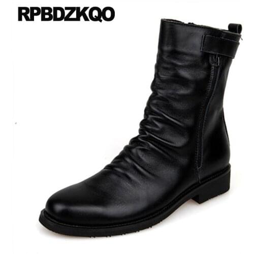 Genuine Leather Fur Lined Vintage Motorcycle Boots Ankle Zipper Full Grain Black Autumn Shoes Winter British Style Chunky Men